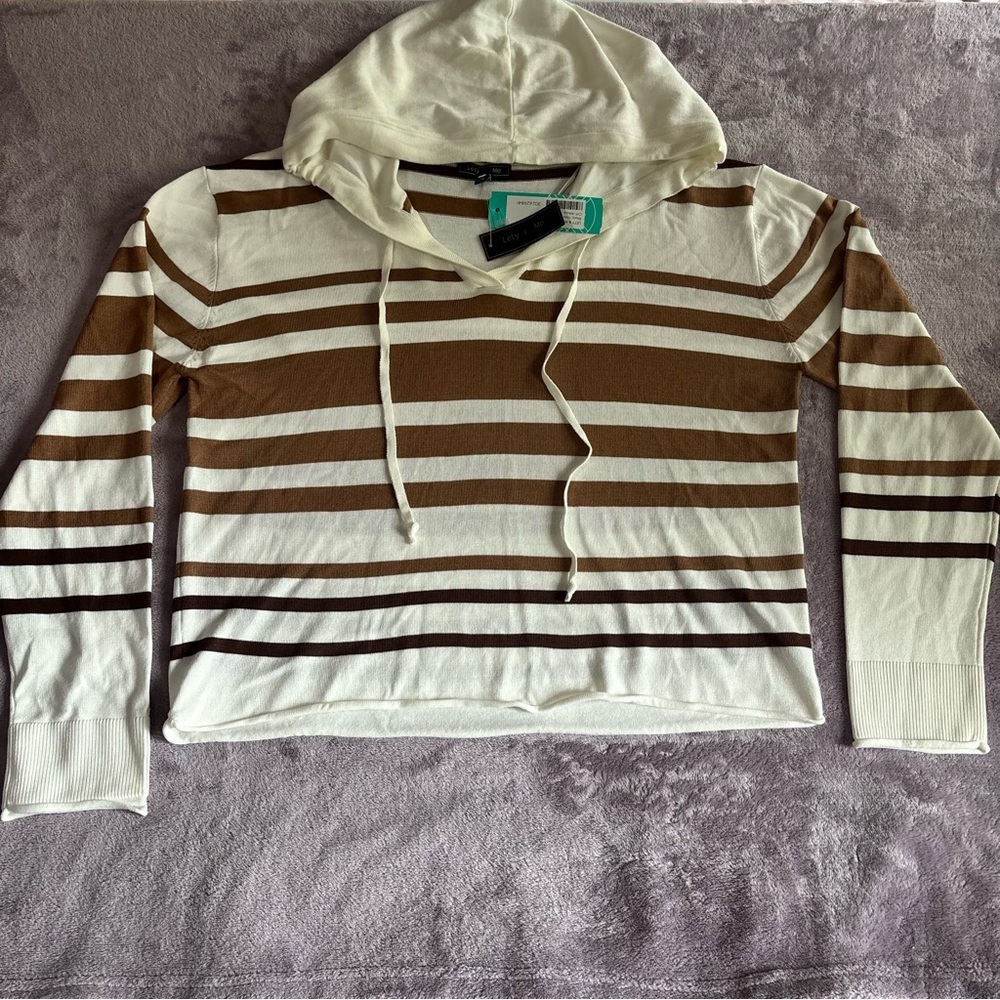 Lety & Me Rhett Hooded Sweater Off-White Brown Striped Knit Top 368SX Medium NEW